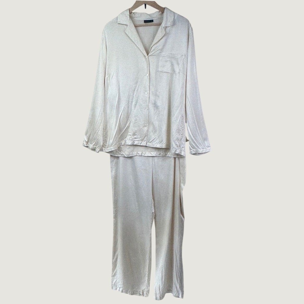 Shimera Pajama Set Large Cream 100% Silk Button Down Lounge Luxury Sleepwear